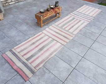Pink White Striped Kilim Runner Rug, Bohemian Hallway Decor (2x11)
