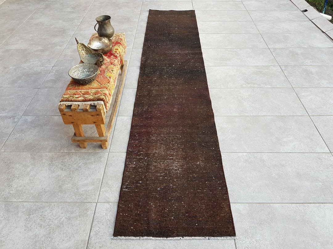 Drak Brown Runner Rug, Brown Oushak Rug, Wool Vintage Rug, Neutral