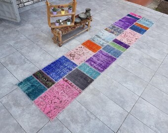 Vintage Turkish Runner Rug: Colorful Patchwork Wool Hallway Carpet (322x69 Cm)