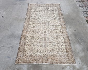 Boho Home Decoration Rug, Oushak Vintage Rug, Laundry Floor Rug, Antique Carpet, Wool Rug, Faded Beige Rug, 202x110 Cm