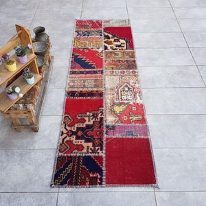 Contemporary Runner Rug, Oushak Rug, Patchwork Rug, 2x7 Vintage Rug, 2x7 Runner Rug, Organic Wool Rug, Turkish Vintage Rug, 207x69 Cm