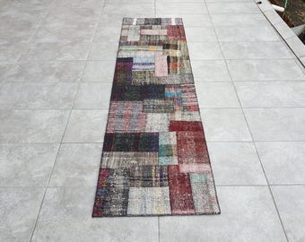 Vintage Patchwork Runner Rug, Oriental Turkish Oushak Rug (2x7 Ft)
