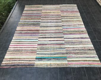 Handgemaakt vintage kelimtapijt: 9'9" x 7'3" katoenen boho-tapijt