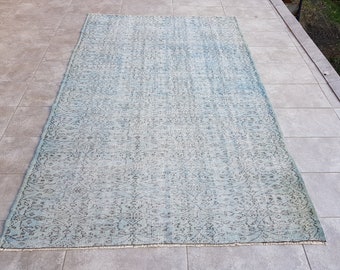 Vintage Oushak Wool Rug, Aqua Anatolian Carpet, 5'5x8'5 Ft