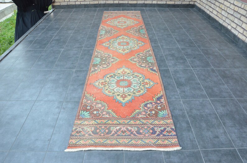 Vintage Oushak löparmatta: 90x23 cm sliten turkisk hallmatta bild 2