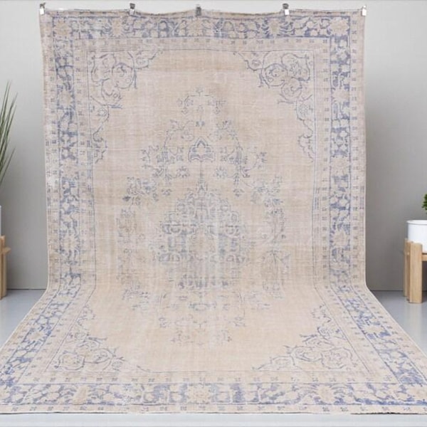 Vintage Turkish Oushak Rug, Beige Blue Wool, Extra Large 9x12