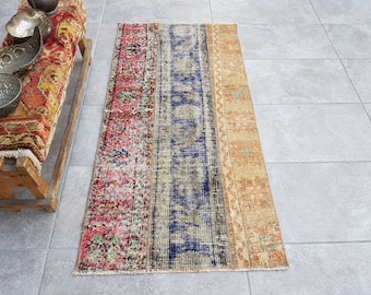 Alfombra vintage de lana Oushak, diseño patchwork, alfombra turca (134 x 64 cm)