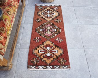 Small Decorative Rug, Burgundy Rug, 1x3 Rug, Entry Rug, 1x3 Oushak Rug, Wool Door Mat, Boho Decor Rug, Bath Mat, Oriental Small Rug, 80x34Cm