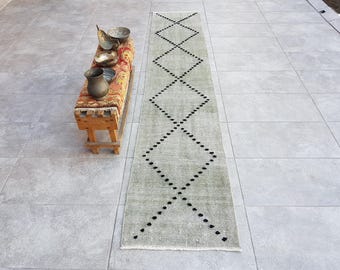 Vintage Oushak gangkleed, groene handgeknoopte wollen loper (2 x 9 ft)