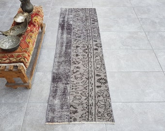 Vintage Overdyed Gray Runner Rug, Patch Design, Oriental Hallway Rug (163x51 Cm)