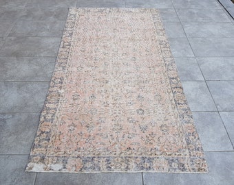 Dywan w kolorze różowego vintage, dywan w kolorze różowym Oushak, turecki dywan w kolorze różowym, wyblakły dywan w kolorze różowym, 3'5x6'2 stopy, dywan w wyjątkowym stylu, dywan w stylu vintage, zużyty dywan, 192 x 107 cm