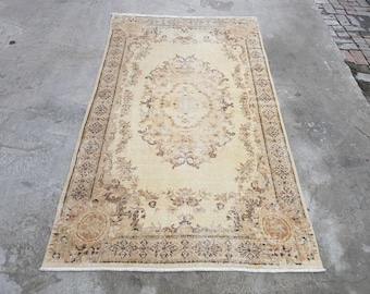 Vintage Beige Oushak Rug, Turkish Wool Rug, Faded Vintage Rug, Handmade Rug, Ethnic Rug, 197x116 Cm