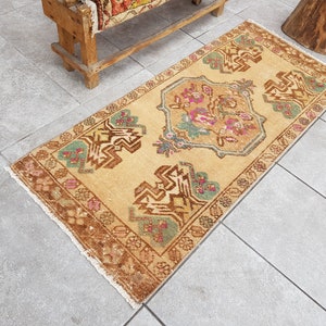 2x4 Turkish Faded Rug, Brown Green Rug, Entry Mat Rug, Small Vintage Rug, 2x4 Muted Rug, Oushak Rug, 2x4 Vintage Rug, Ethnic Rug, 122x54 Cm