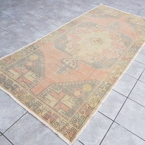 Faded Oushak Rug, 3&#39;8x8&#39;3 Ft, Bohemian Rug, Turkish Vintage Rug, Orange Blue Rug, Apartment Rug, Handmade Carpet, Designer Rug, 256x118 Cm