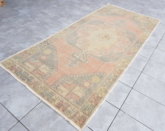 Faded Oushak Rug, 3x8 Ft, Vintage Turkish Wool Carpet