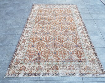 Decortive Muted Rug, Orange And Blue Rug, 4'7x7'6 Ft, Unique And Faded Rug, Carpet Oushak, Modern Antique Rug, Traditional Rug, 232x144 Cm