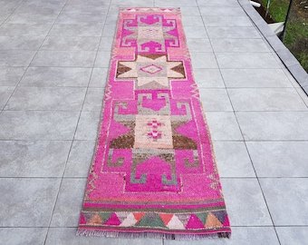 Pink Purple Runner Rug, Vintage Runner Rug, 3x10 Pink Rug, Herki Rug, Kitchen Rug, Wool Rug, Ethnic Pink Rug, Farmhouse Runner Rug, 300x81Cm