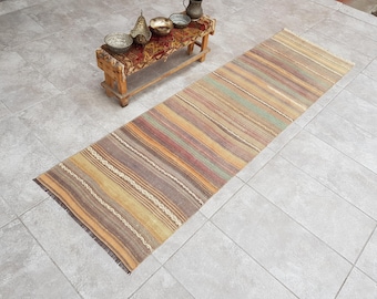 Vintage Kilim Runner Rug, Organic Wool, Purple Green Rainbow, 229x68 Cm