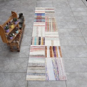 Vintage patchworkmatta, naturvit, turkisk hallmatta (6 x 2,4 m)