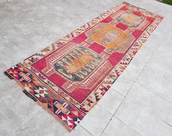 Turkish Rug, 4x11 Red Orange Rug, Vintage Red Runner Rug, Oushak Rug, Farmhouse Rug, Handwowen Rug, Large Oriental Runner Rug, 350x113Cm