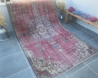 Alfombra turca, alfombra roja y azul, alfombra roja vintage, alfombra Oushak, alfombra de estilo rústico, alfombra tejida a mano, alfombra oriental ecléctica, 256 x 137 cm