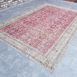 Turkish Oversize Rug, 7x11 Red Rug, Red Green Vintage Rug, Large Oushak Rug, 7x11 Area Rug, 7x11 Bedroom Rug, Livingroom Rug 7x11, 328x216Cm