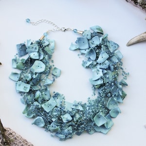 Blue shells necklace, Crocheted necklace, Airy beaded necklace, Beach weddings necklace, Mermaid style jewelry, 30th birthday gift for wife