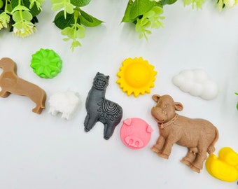 10 juegos de favores de jabón de animales de granja, favores de fiesta de cumpleaños de pequeño granjero, recuerdos de jabón de granja, favores de jabón de vaca/Lama/cerdo/oveja/pato/gato/perro