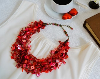 Bright red necklace, Beaded necklace choker, Multi strand bib necklace, Mother of pearl statement necklace, Gift for mother/grandmother