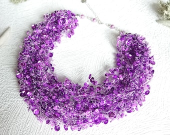 Purple sequin necklace, Bib bright necklace, Ultra violet necklace, Multistrand elastic necklace, Flexible jewelry, Statement thick necklace