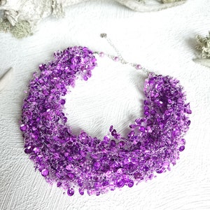 Purple sequin necklace, Bib bright necklace, Ultra violet necklace, Multistrand elastic necklace, Flexible jewelry, Statement thick necklace