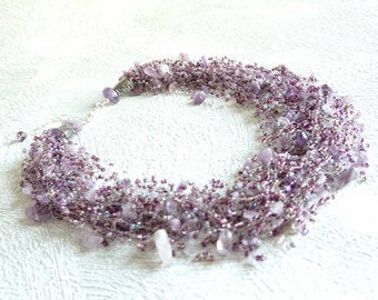 Amethyst necklace, Violet thick necklace, Crocheted necklace, Airy beaded necklace, Statement multistrand necklace, Violet bridal necklace