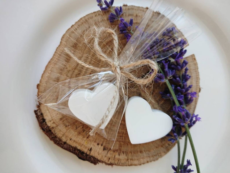 30pcs mini lavender/poppy soap, White heart shape wedding favors soap, Bathroom ornaments with lavender/oatmeal, Thank you gifts for guests image 5