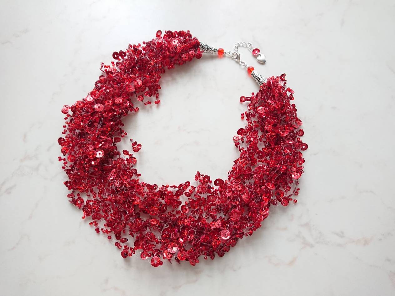 Red Sequin Necklace, Bright Necklace, Multistrand Elastic Necklace,  Flexible Jewelry, Bib Necklace, Statement Thick Necklace, Gift for Her -  Etsy
