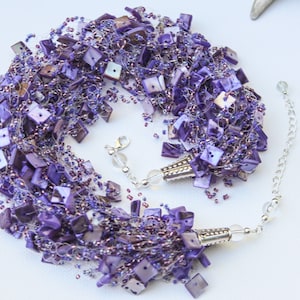 Purple necklace, Thick necklace, Crocheted necklace, Airy beaded necklace, Statement necklace, Multistrand necklace, Violet bridal necklace