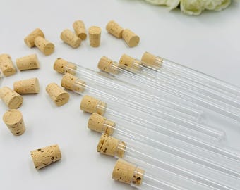Provette in plastica trasparente con tappo in sughero: 10 pezzi (150 mm x 16 mm)