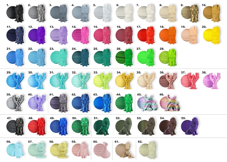 May include: A chart displaying 62 different colours of plastic filament for 3D printing. The filament is arranged in rows and columns, with each colour represented by a small spool of filament.