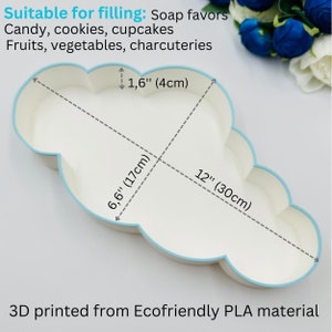 May include: A white cloud-shaped mold with a light blue rim. The mold is 12 inches (30 cm) wide and 6.6 inches (17 cm) tall. It is 1.6 inches (4 cm) deep. The mold is made from eco-friendly PLA material and is suitable for filling with soap favors, candy, cookies, cupcakes, fruits, vegetables, and charcuteries.