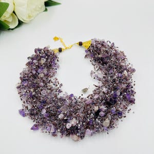 Amethyst necklace, Violet thick necklace, Crocheted necklace, Airy beaded necklace, Statement multistrand necklace, Violet bridal necklace