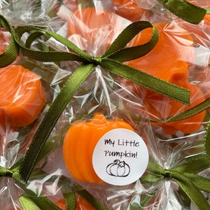 May include: Orange pumpkin-shaped soaps wrapped in clear cellophane bags tied with green ribbon and a white sticker that says "My Little Pumpkin!" with a small pumpkin illustration.