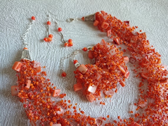orange dress jewelry Orange Jewelry Set for Bridesmaid, Statement Crocheted Jewelry Set of 3,  Airy Beaded Necklace, Mother in Law Gift Idea for Wife/sister/mom