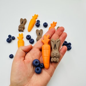 May include: A hand holding Easter-themed sweets. The sweets include orange carrots, brown bunny rabbits, and dark blue blueberries. The sweets are arranged on a white surface.