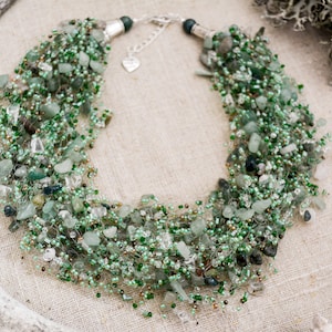 Green aventurine necklace, Statement Natural stones jewelry, Multistrand beaded necklace, Flexible bib necklace, Airy crocheted jewelry