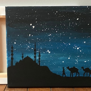 Hand painted 8x10 Acrylic Painting Canvas Midnight Sky with Blue Mosque Silhouette and Man with Three Camels, Muslim Islamic Modern Wall Art