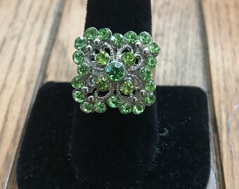 Green Floral Statement Adjustable Size Rings with Green Jewels Crystal Stones, Fashion Jewelry, Affordable Gifts