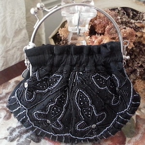 Black Beaded Sequence Evening Clutch Purse with Silver Metal Handle