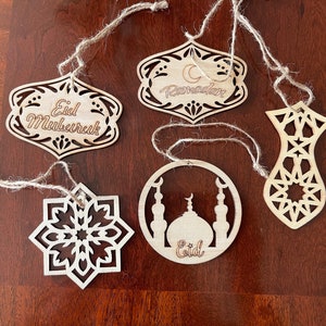 Eid Mubarak Ramadan Wooden Islamic Designs to Hang Islamic Ornament with String Decoration, Muslim Gifts Ready to hang