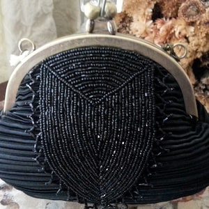 Classy Black Beaded Sequence Evening Clutch Purse with Silver Clasp Click Closure