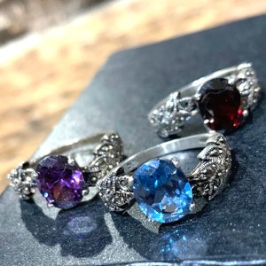 Elegant Marcasite Sterling Silver Birthstone Statement Ring, Birthstone Gemstone Jewelry