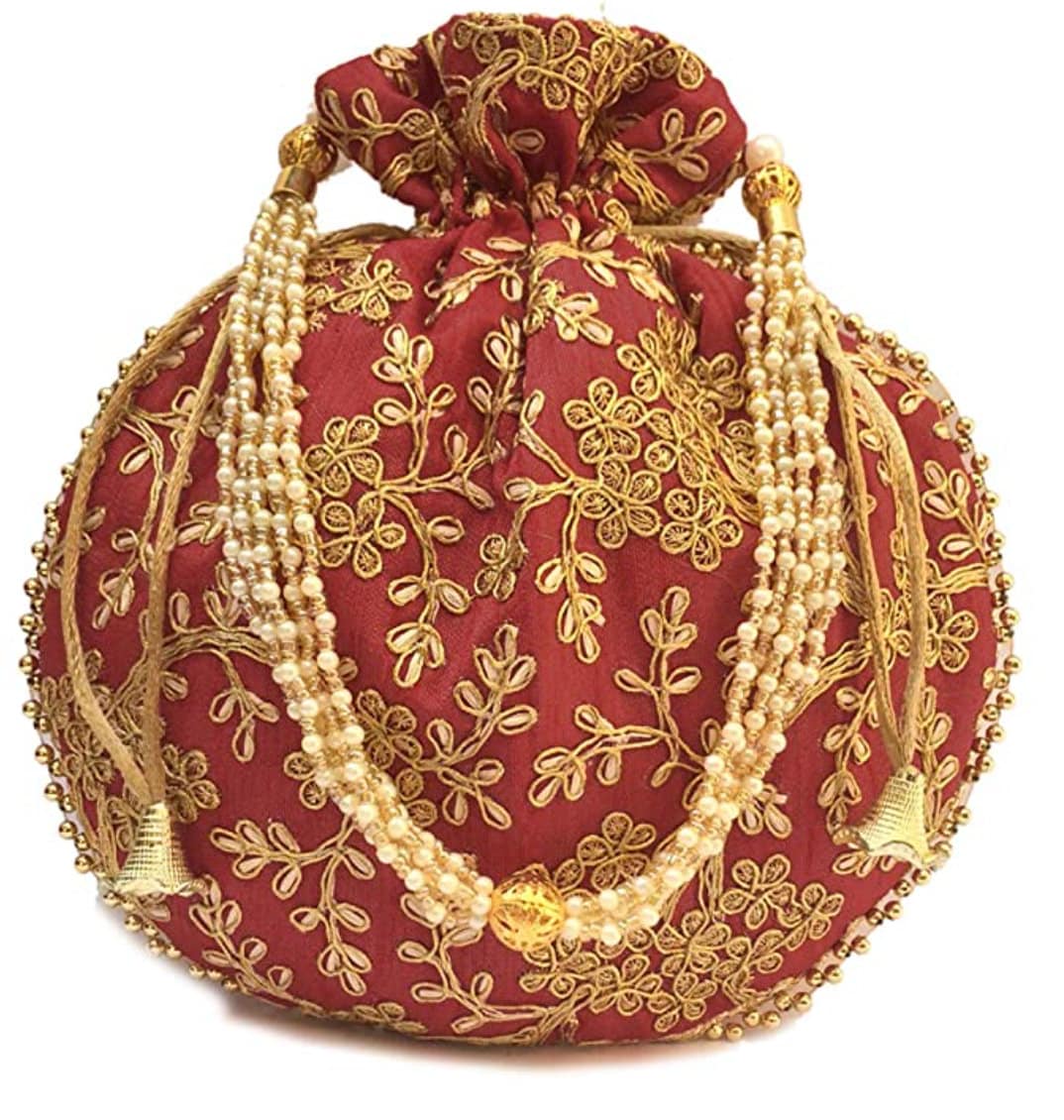 Buy Red Potli Bag In Velvet With Cut Dana And Beads Embroidered Jaal